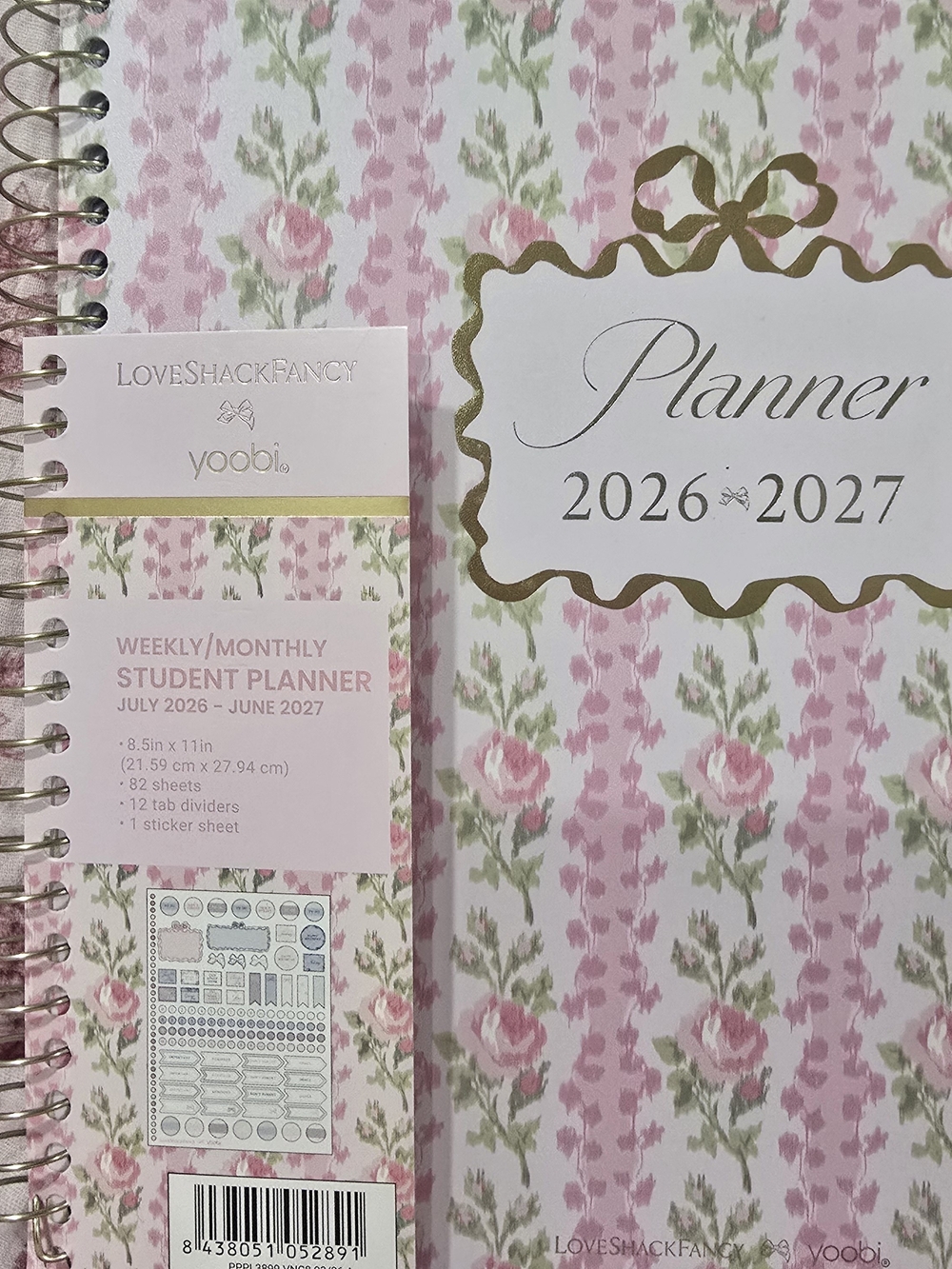 LoveShackFancy Pink and Gold Floral Spiral Planner 2026–2027